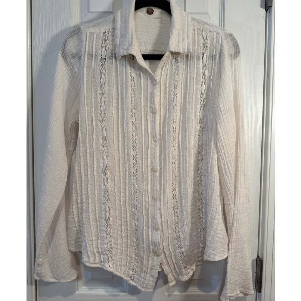 Free People FP One Cream Gauze Lace Button Up Shirt Boho Long Sleeve S